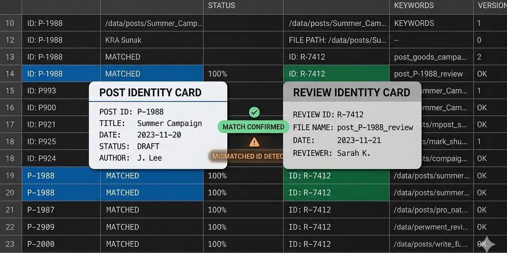 Editorial hero image for the core concept of this post. How to match review files and posts without drift
