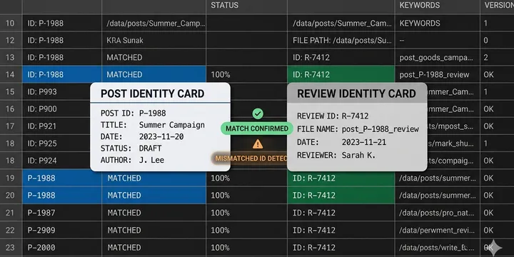 Editorial hero image for the core concept of this post. How to match review files and posts without drift