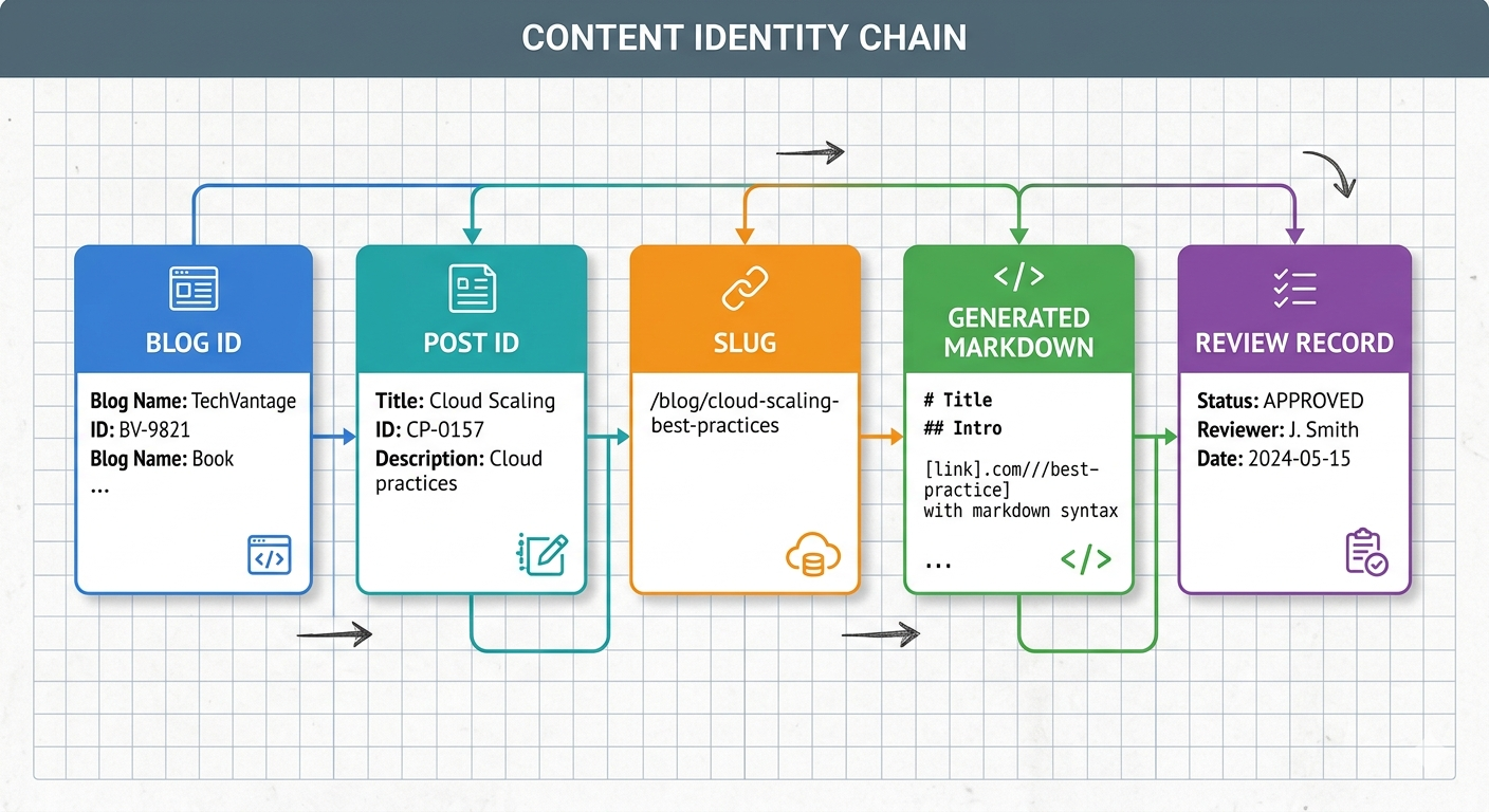 Identity chain linking blog id, post id, slug, generated markdown, and review record
