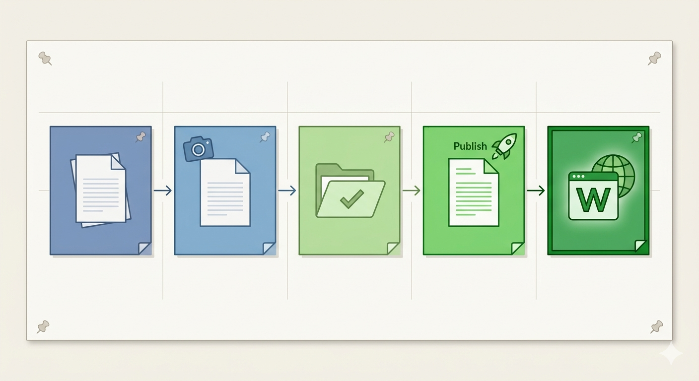 A practical stage board showing draft, image-ready, review-ready, publish-ready, and published states connected in one editorial flow.